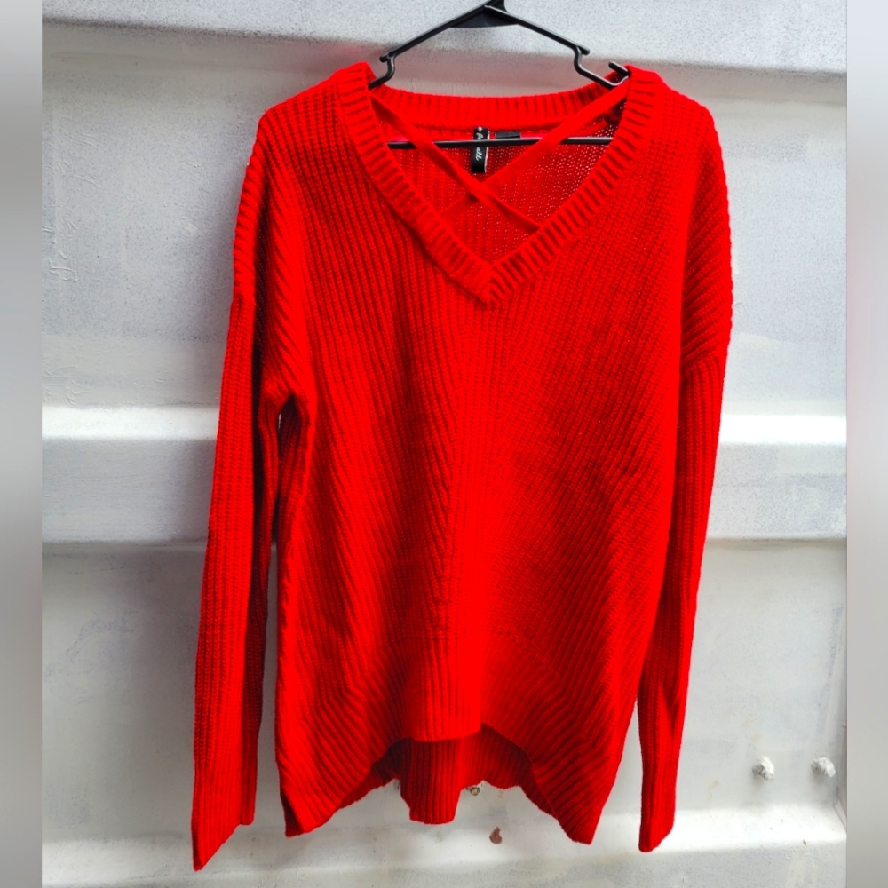 Free for all size xs red knit strappy sweater top v-neck boxy sharkbite hem nwot